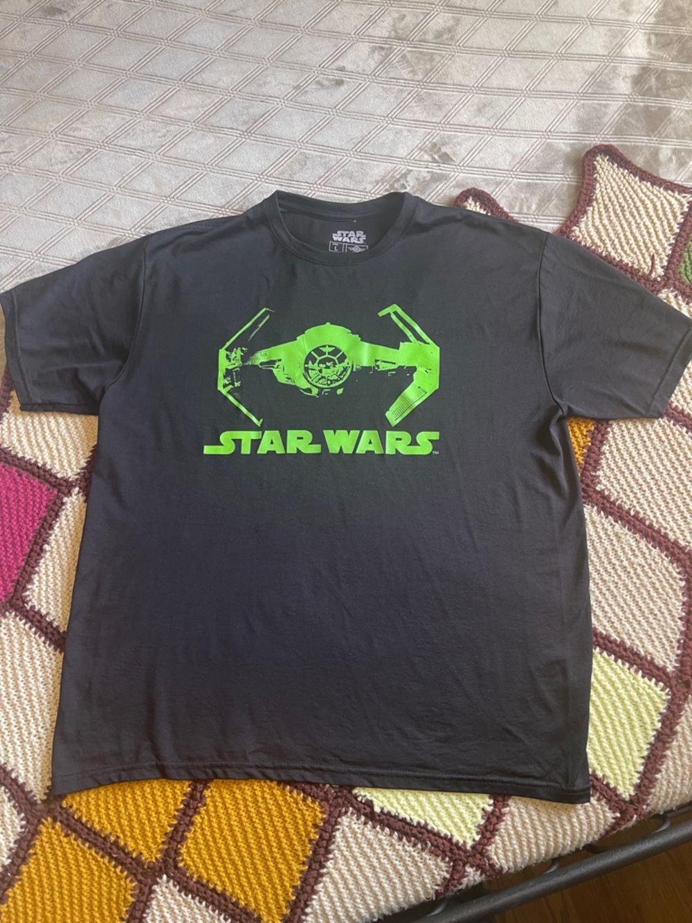 Vintage Star Wars Black T-Shirt with Neon Green TIE Fighter Graphic